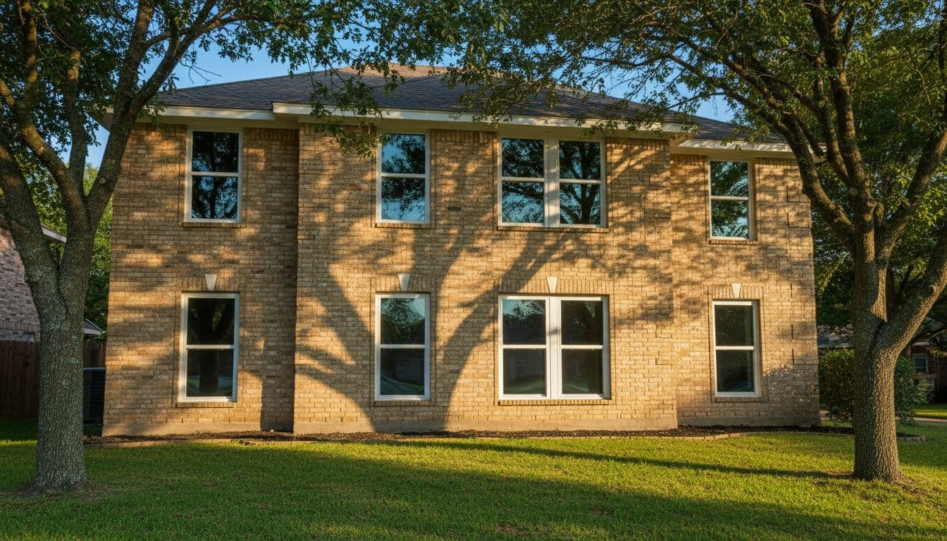 Two-story beige brick suburban home shows ten white vinyl double-hung windows on front and side, green lawn, oak trees, blue sky.