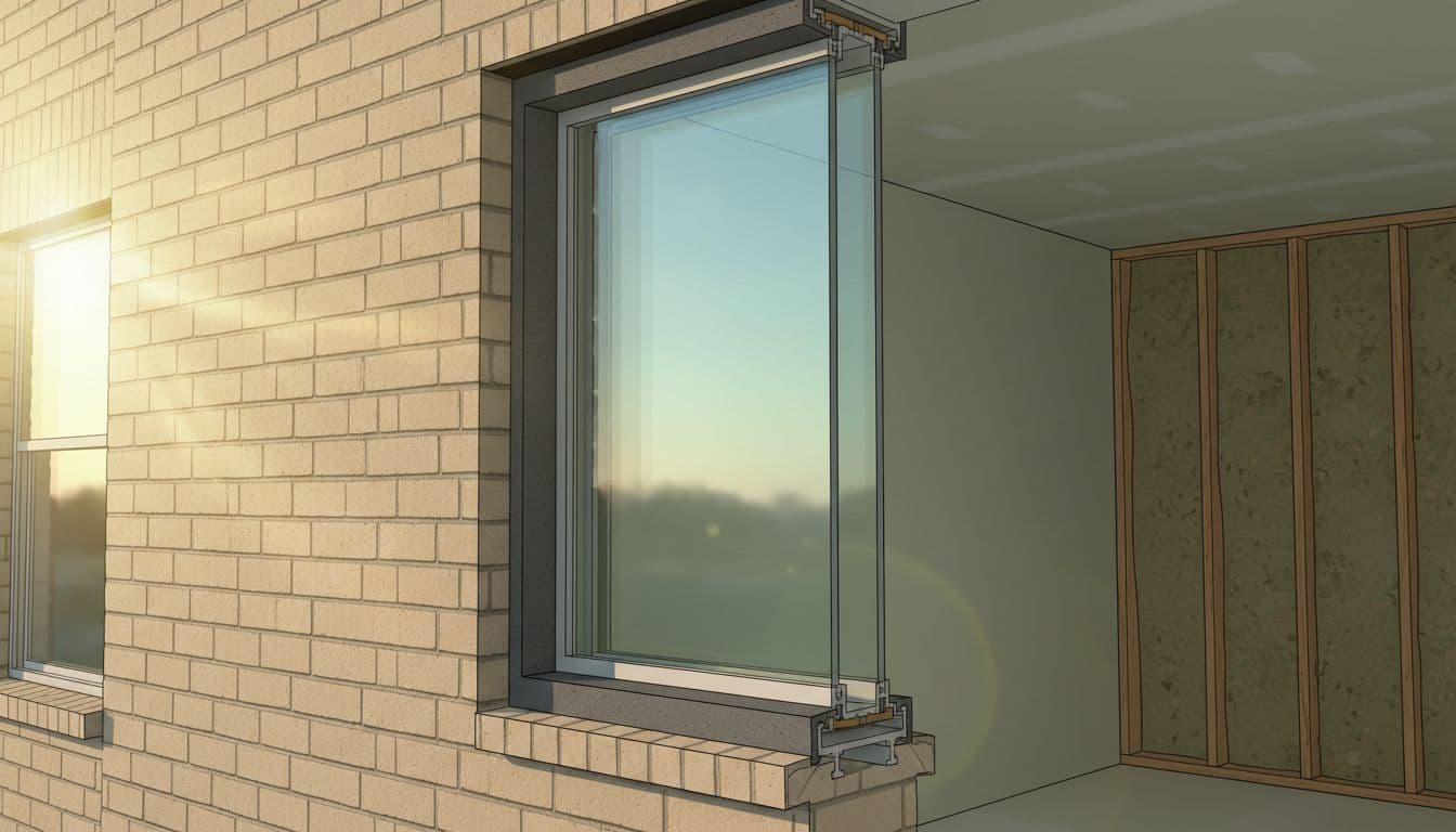 Cutaway cross-section of double-pane window showing Low-E coating, argon gas fill, foam seal in beige brick wall with sunny exterior and shaded interior.