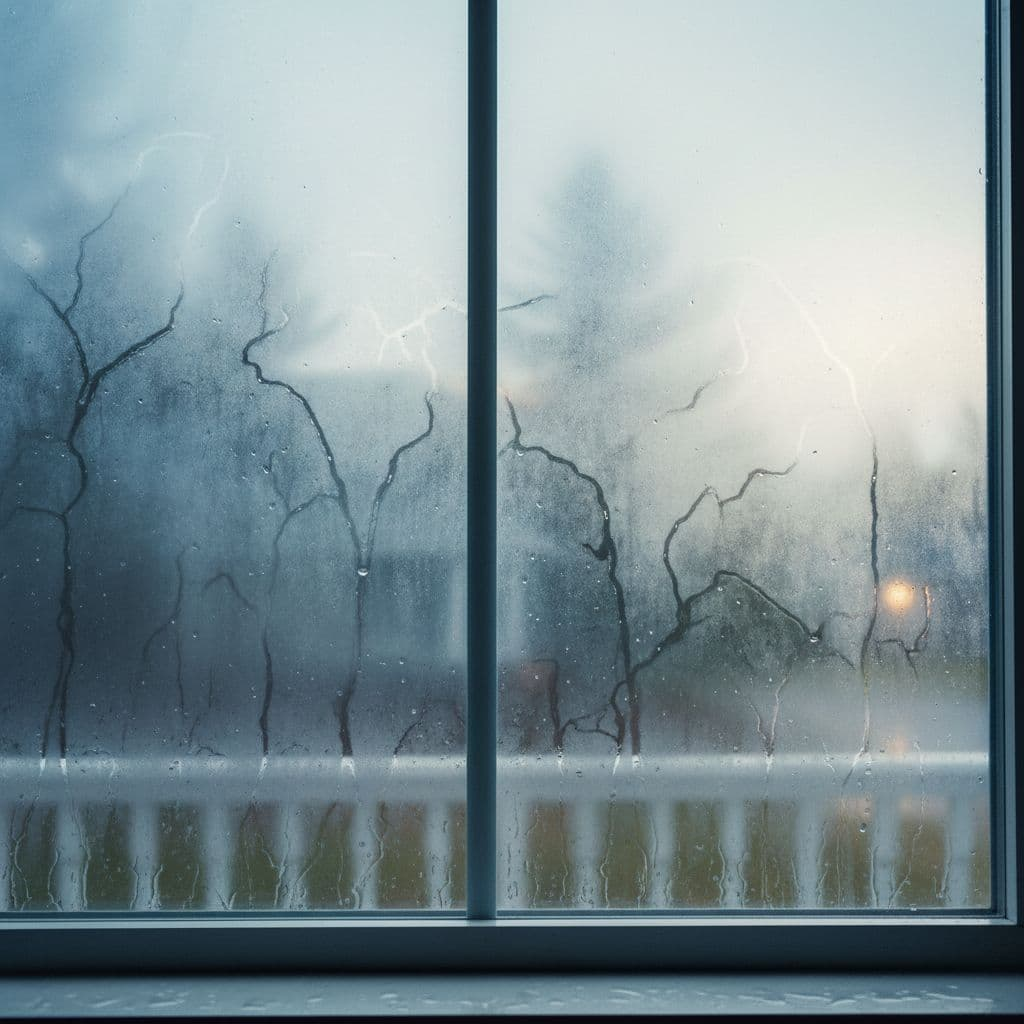 Moisture and fog are visibly trapped between the two glass layers of a residential window.