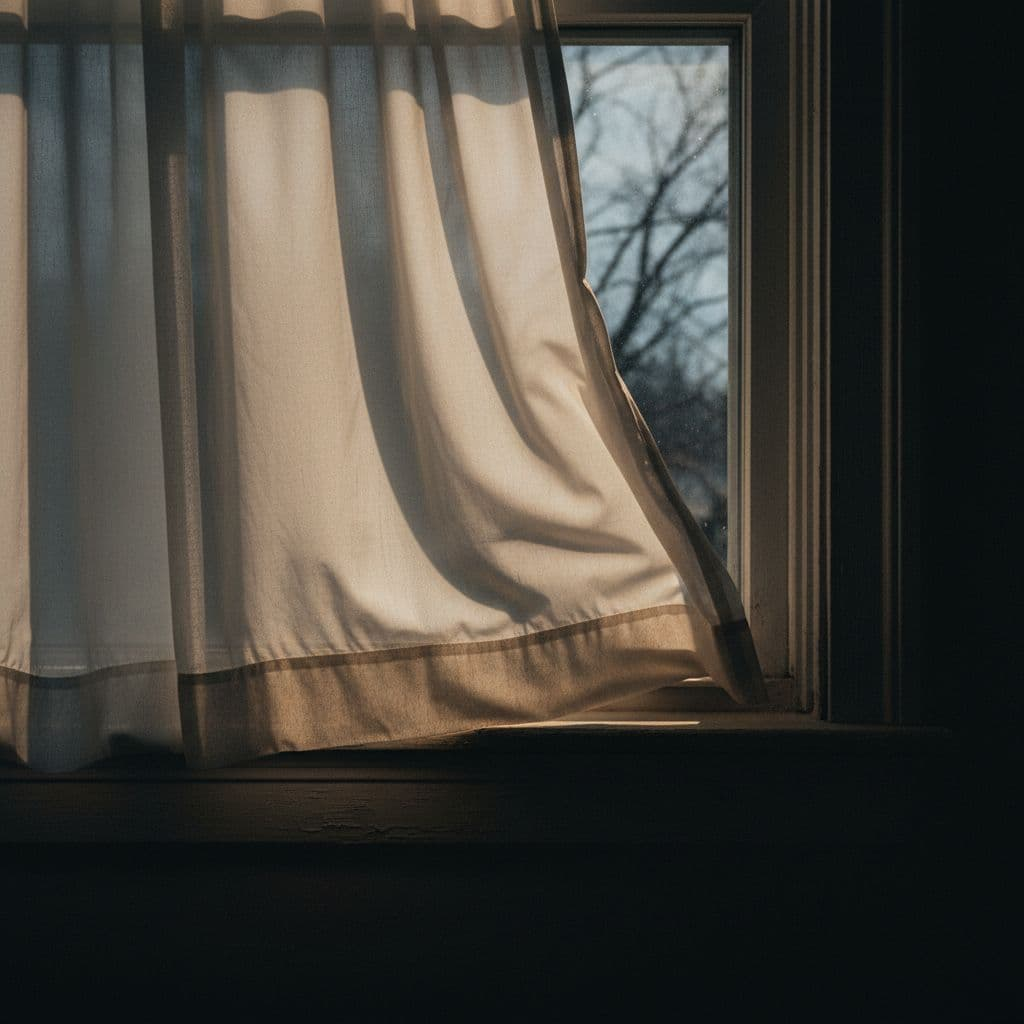 A light breeze blows a sheer white curtain inward from a partially closed window. Drafty Windows Texas
