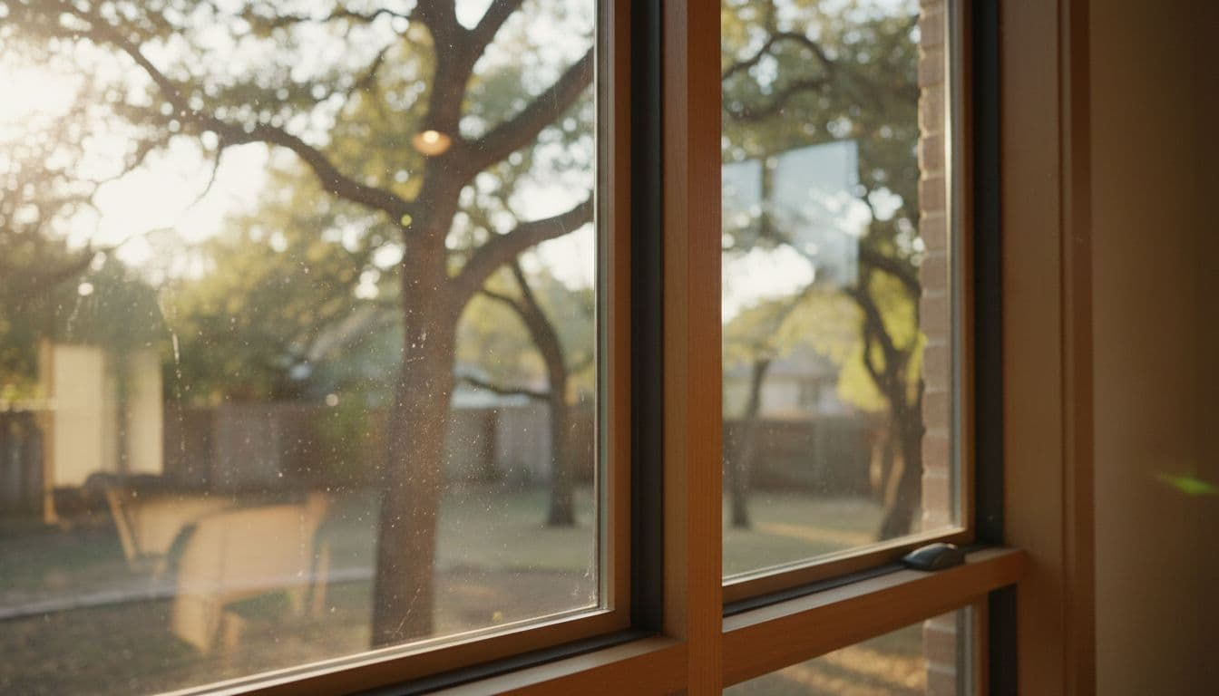 Closeup from inside a sunny Texas home shows condensation-free double-pane window with clear backyard tree view.