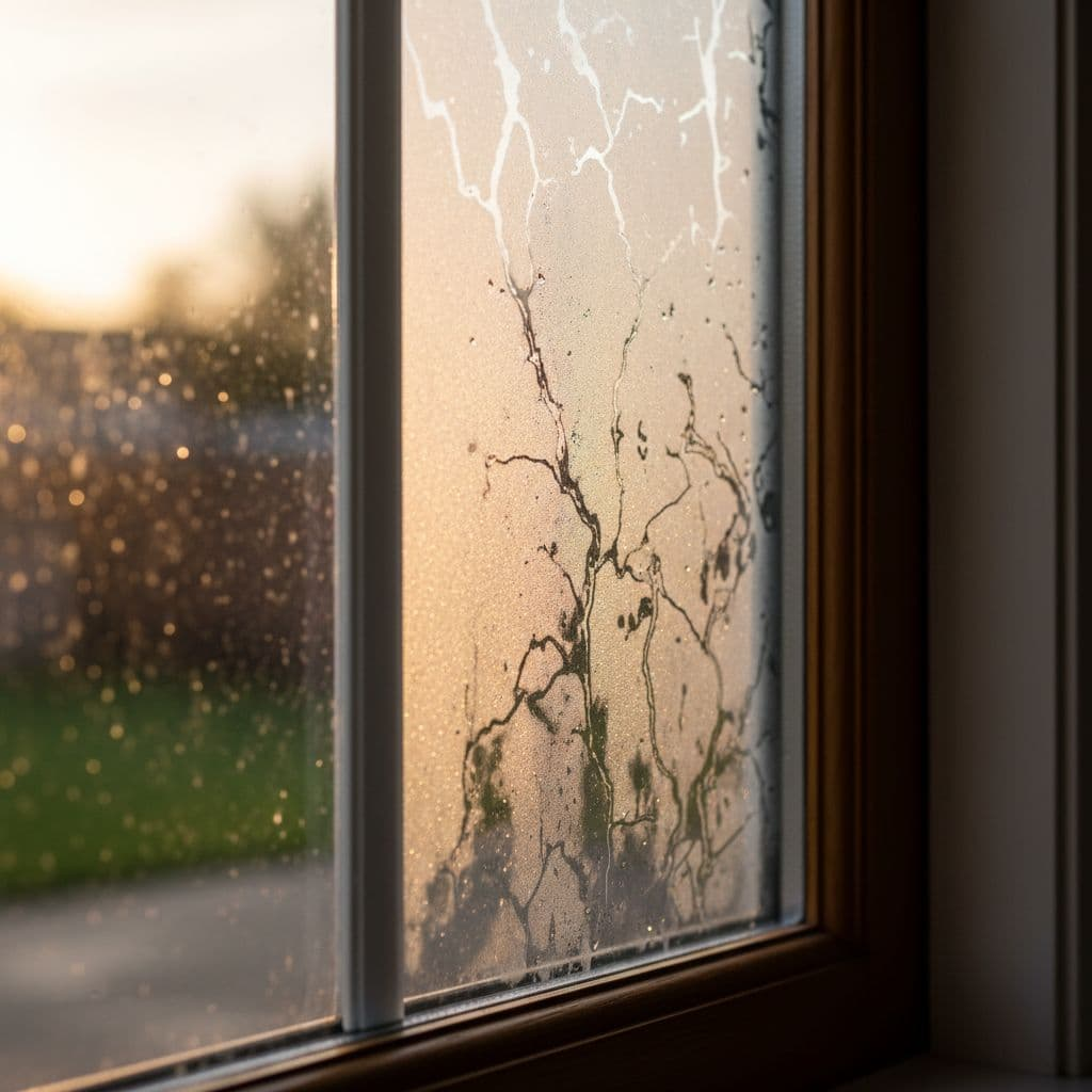 Window Seal Failure Signs in North Texas Homes 1 Moisture droplets and gray condensation cloud the surface of a double-pane window, obscuring the outdoor view. The buildup illustrates a clear breakdown of the insulating seal between the glass layers.