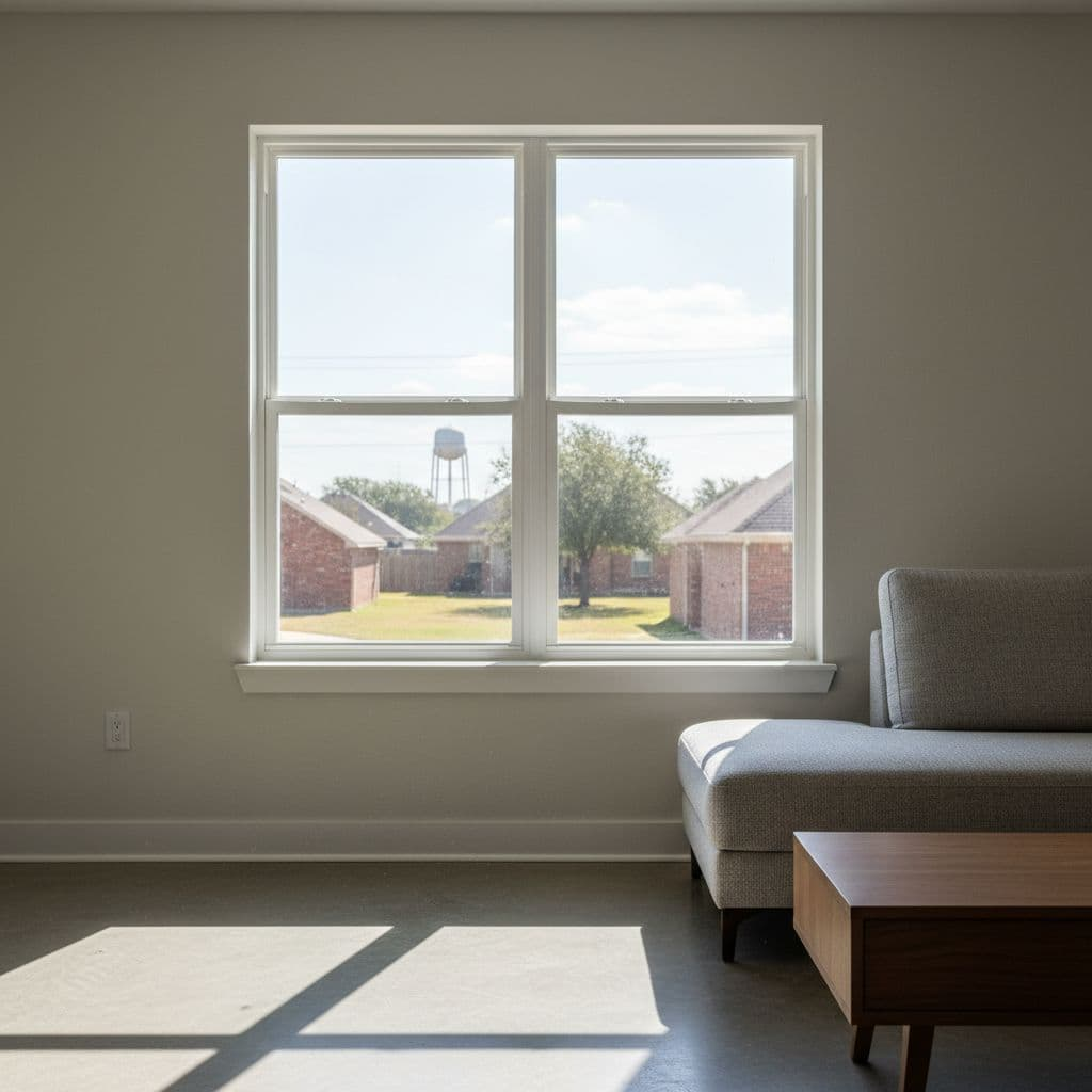 Modern living room with double-hung vinyl window letting in natural light over sunny suburban Texas view.