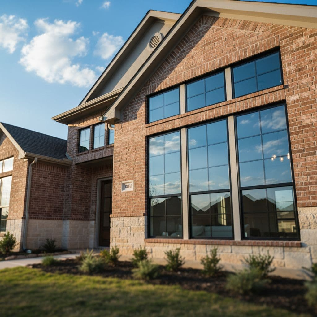 A residential home with brick siding features newly installed, clean windows under a bright Texas sky.