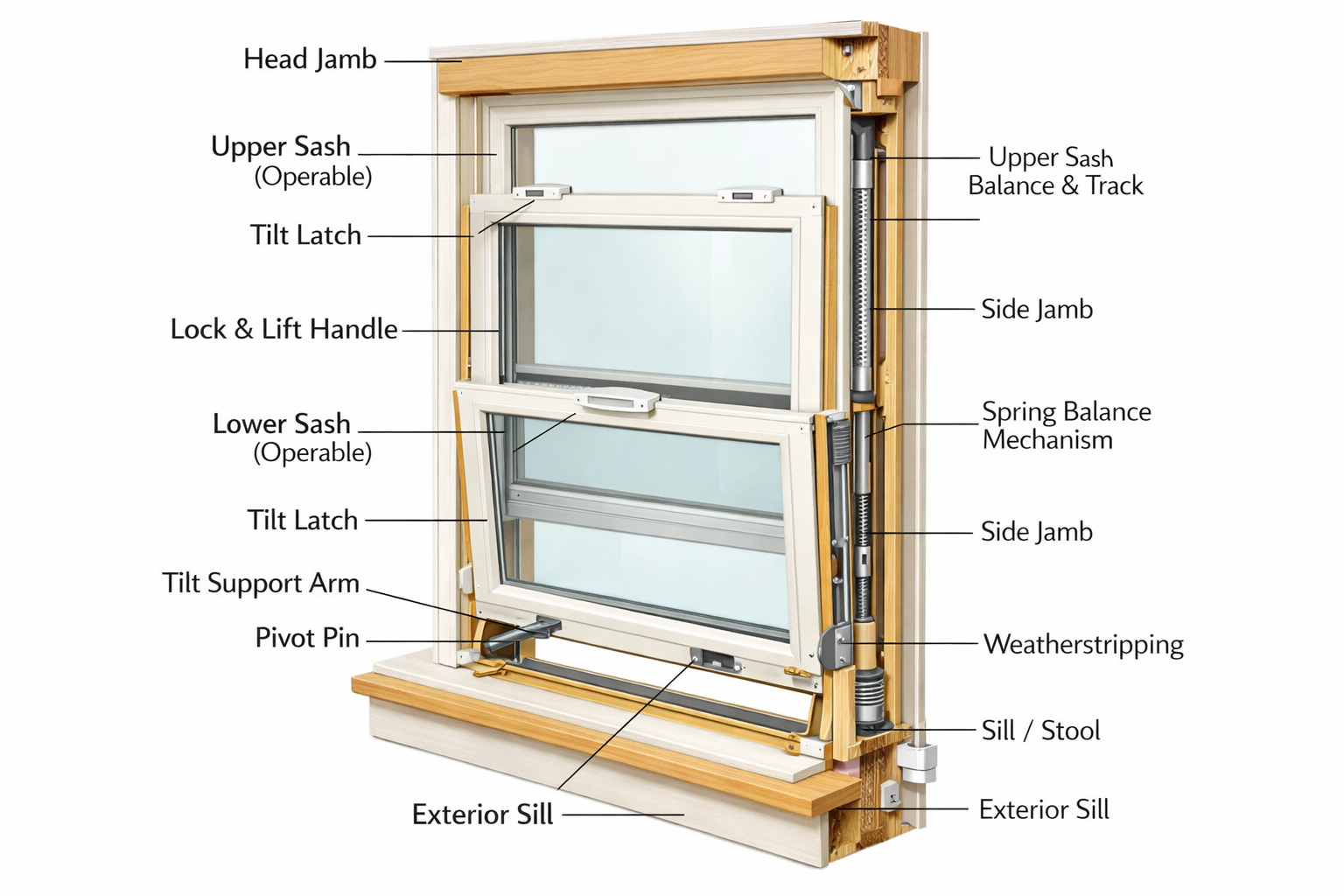 Key Aspects of Double-Hung Windows: 2 Cutaway illustration showing components of a double-hung window