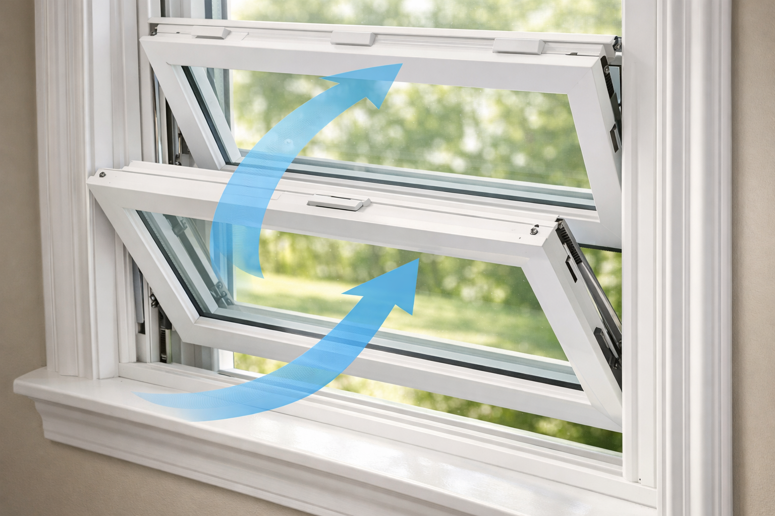 Interior close-up of double-hung window with open sashes