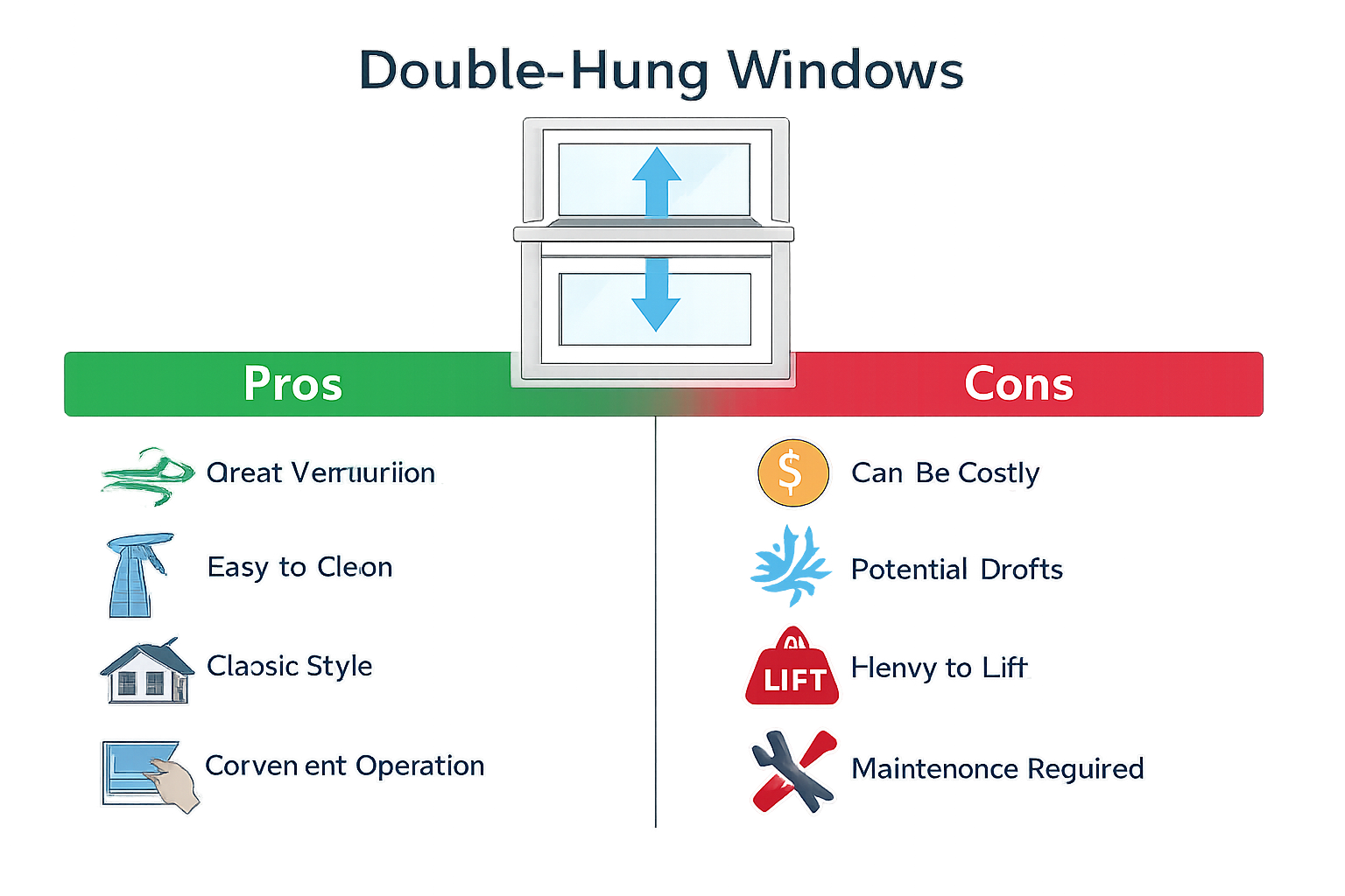 Illustration comparing pros and cons of double-hung windows