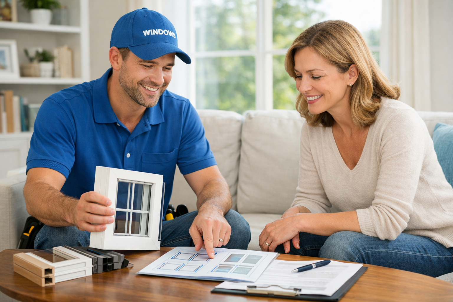 Window expert consulting with homeowner in living room