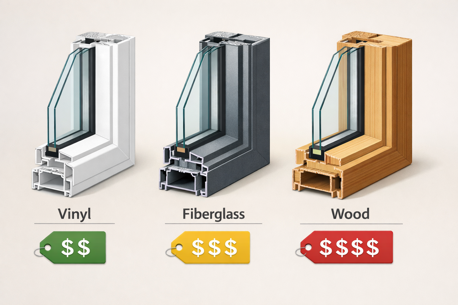 Illustration of window material types compared side by side