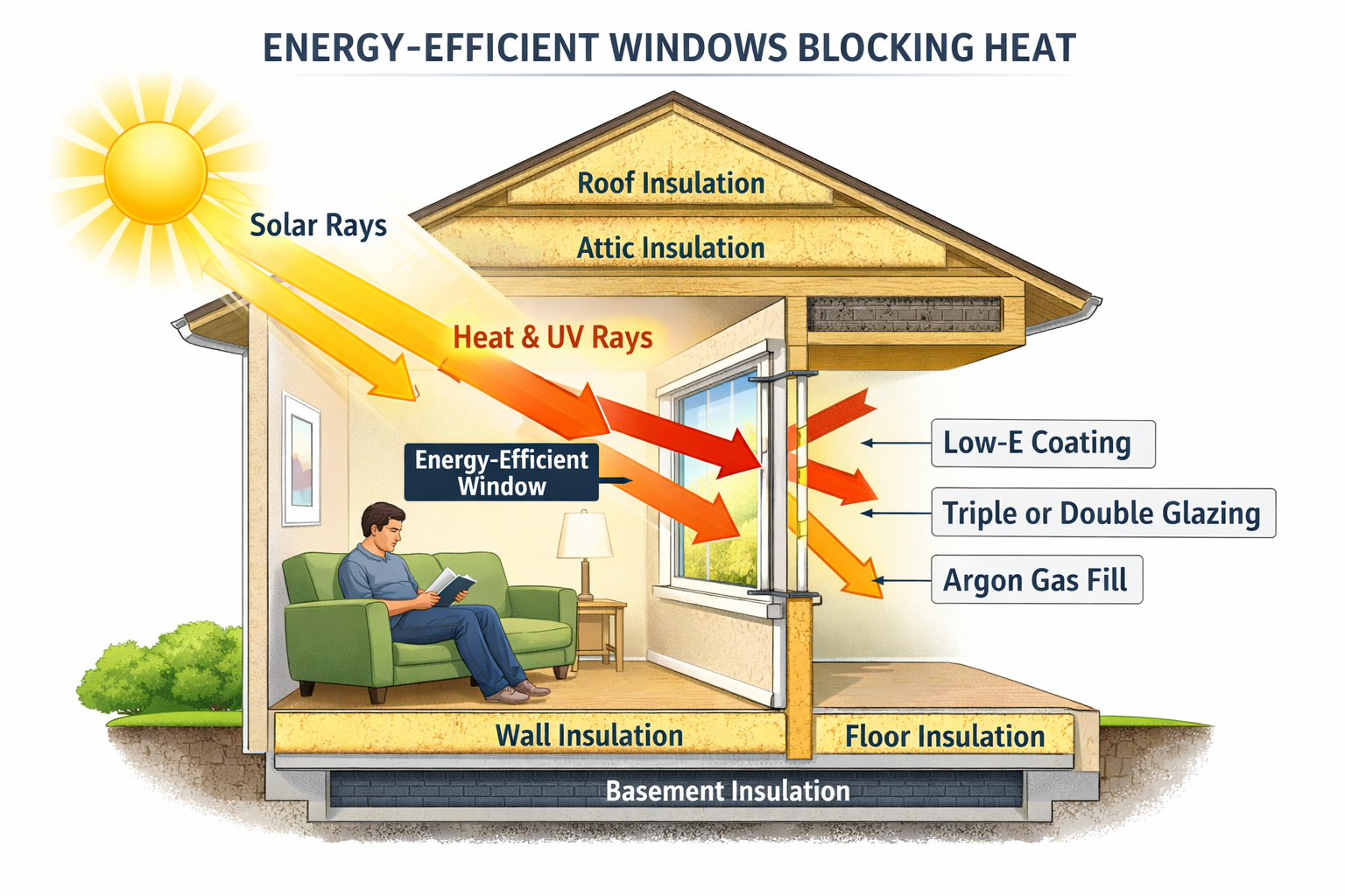 Energy efficient window diagram showing insulation benefits