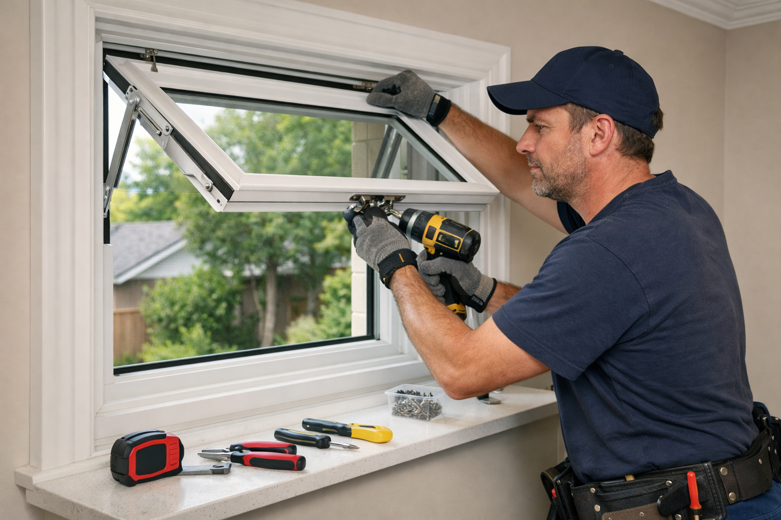 Technician installing an awning window