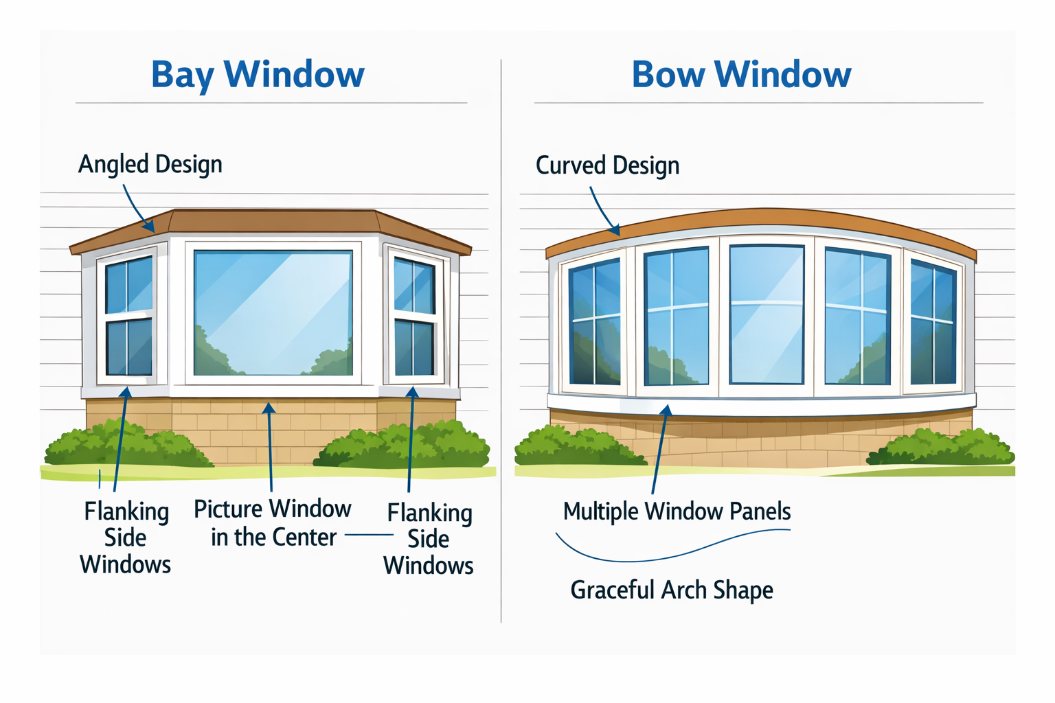 Illustration comparing bay and bow windows