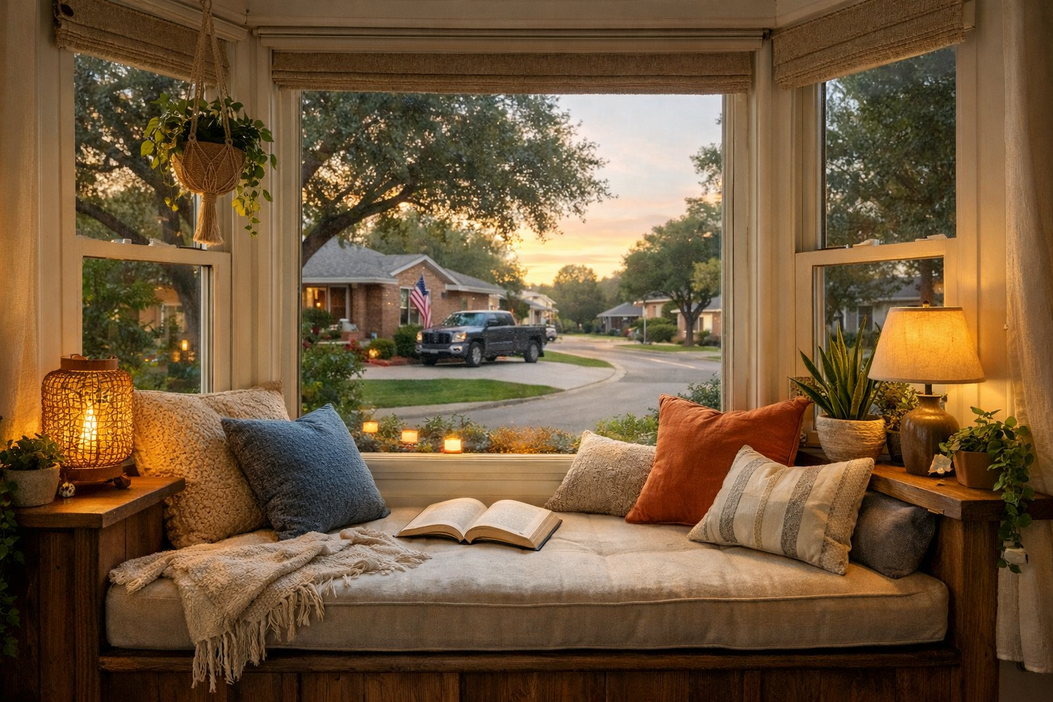 Cozy bay window seat with cushions and natural light