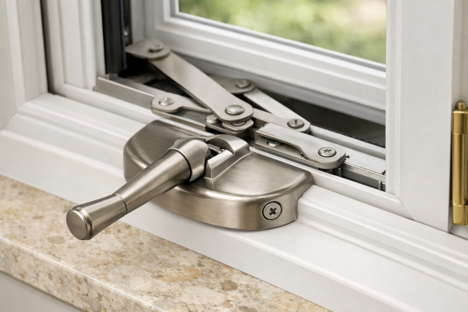 Casement window crank and mechanism close-up