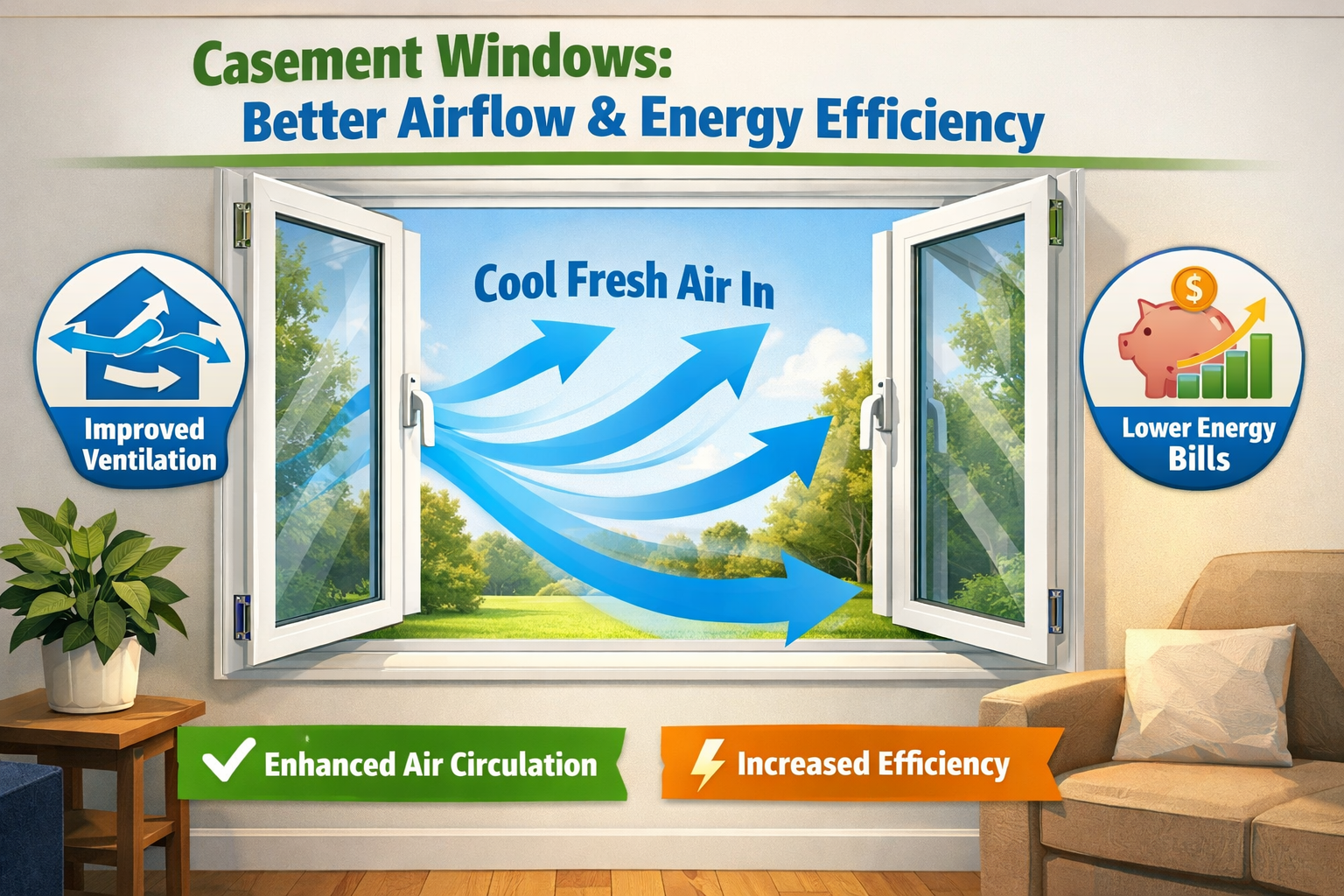 Airflow and energy efficiency illustration for casement windows