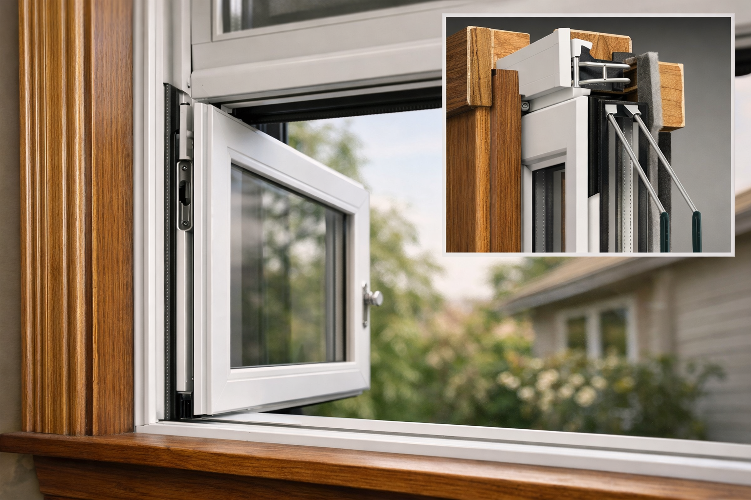 Interior cutaway view showing an insert window placed into an existing frame with weatherstripping layers