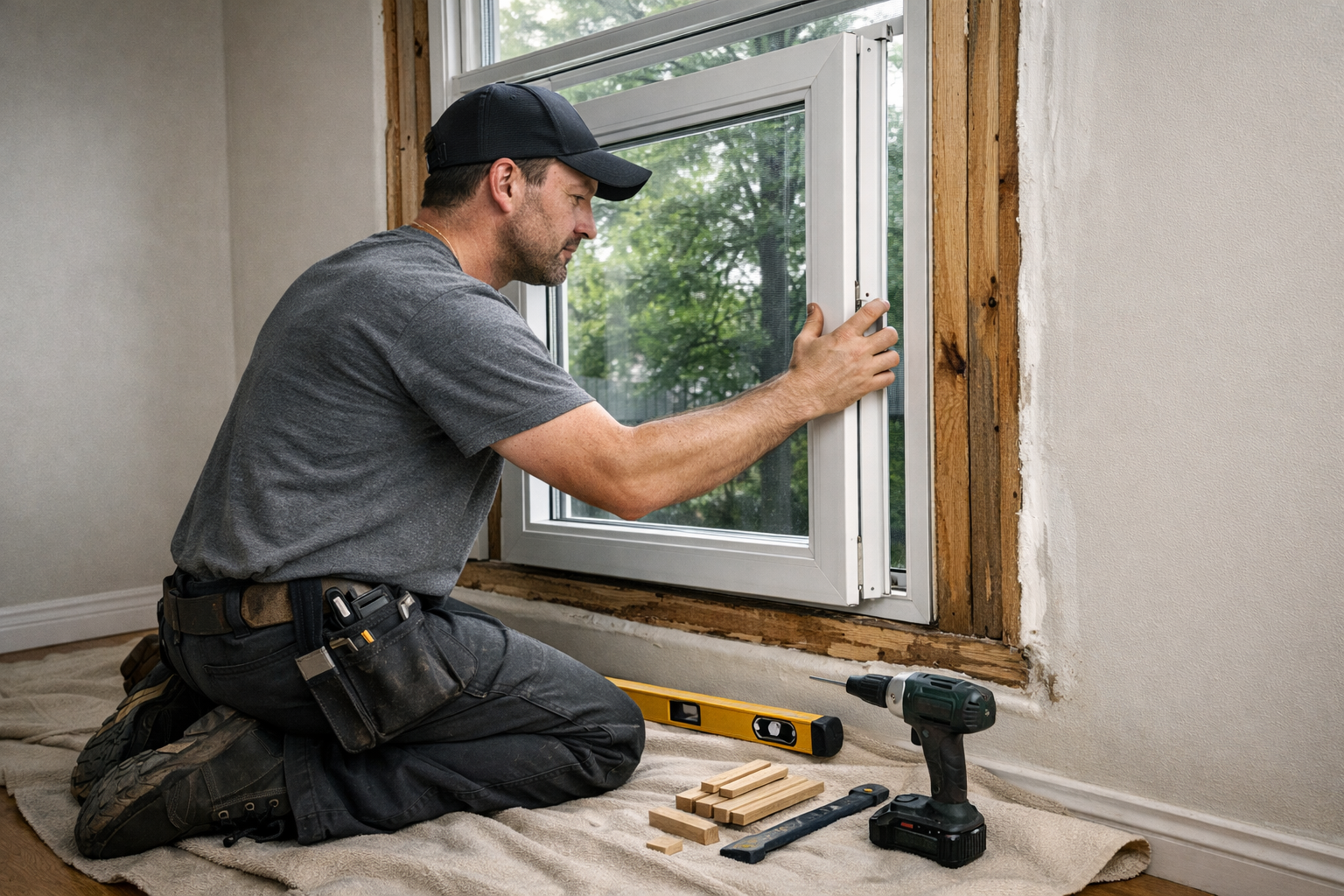 Professional installer setting an insert window into an existing frame with tools and shims visible