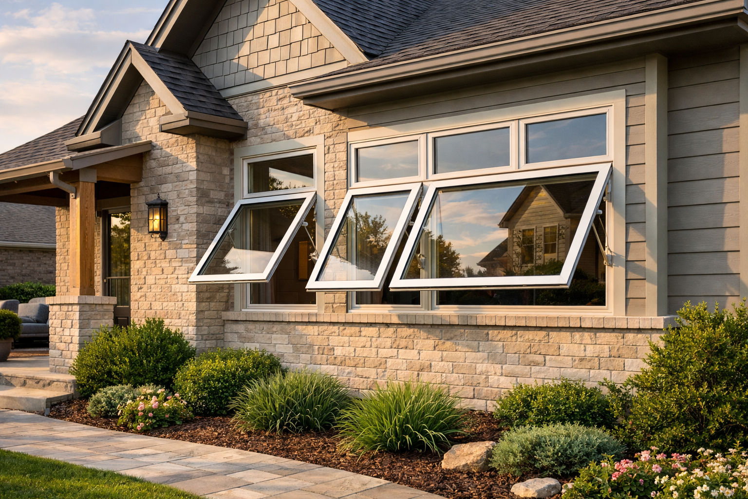 Modern Highland Village, Texas home with outward-opening awning windows and clean curb appeal