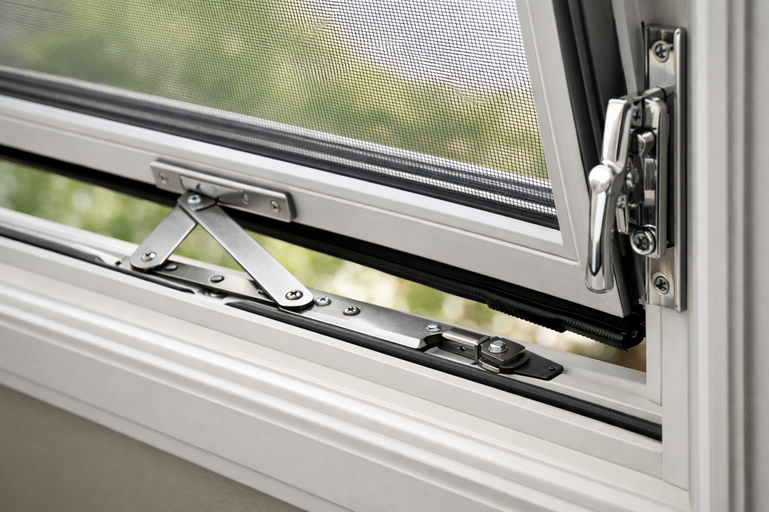 Interior close-up of an awning window partially open showing hinges, lock hardware, screen, and weatherstripping
