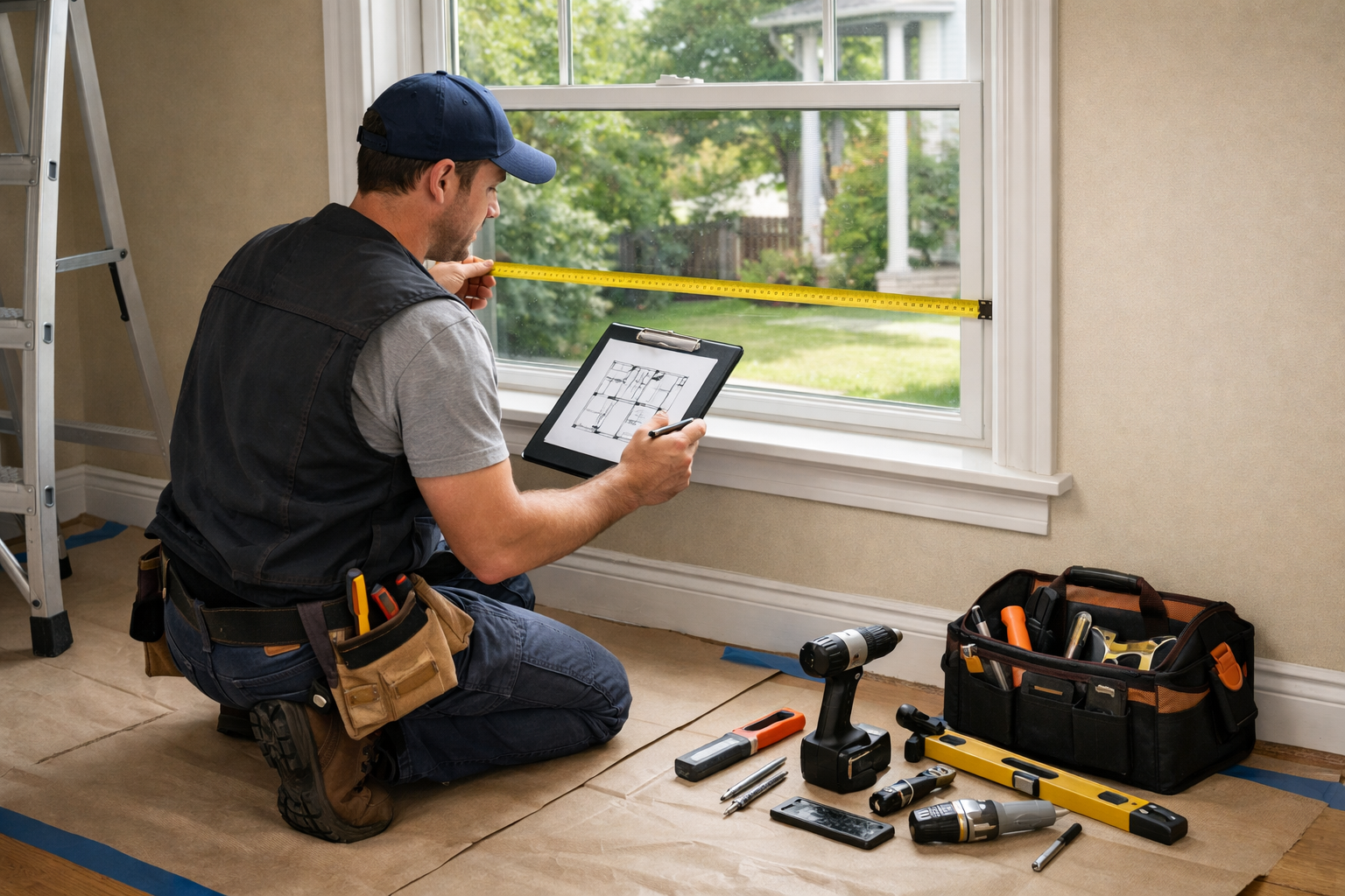 Professional window installer measuring an opening and reviewing plans with tools neatly organized