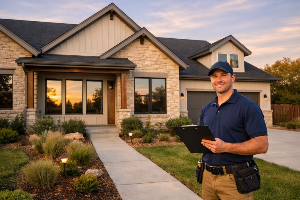 Window Replacement Aubrey TX 1 Modern Aubrey, Texas home with newly installed replacement windows and a professional installer reviewing the project