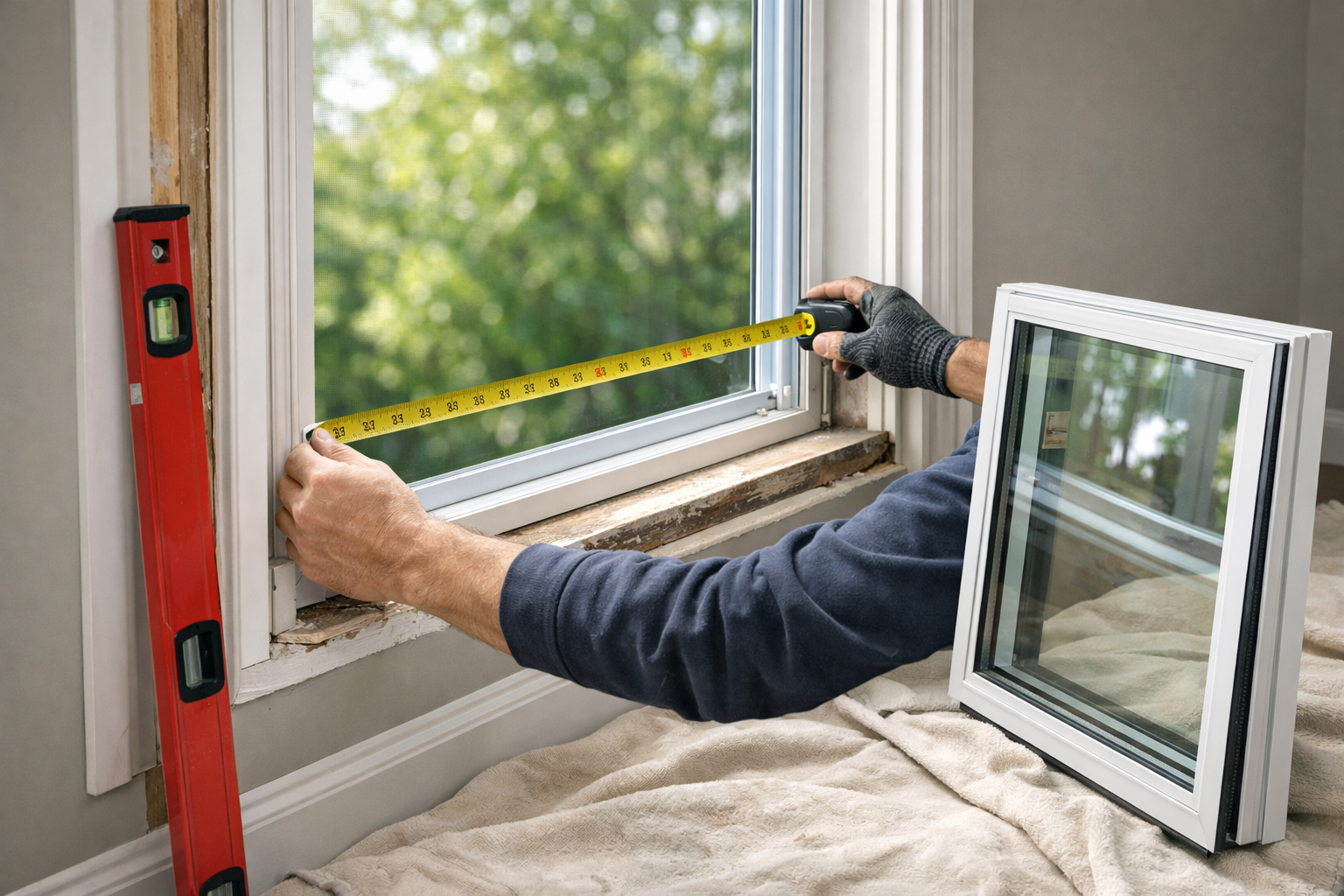Window Replacement Aubrey TX 2 Installer measuring a window opening during a replacement project with tools visible and a clean protected work area