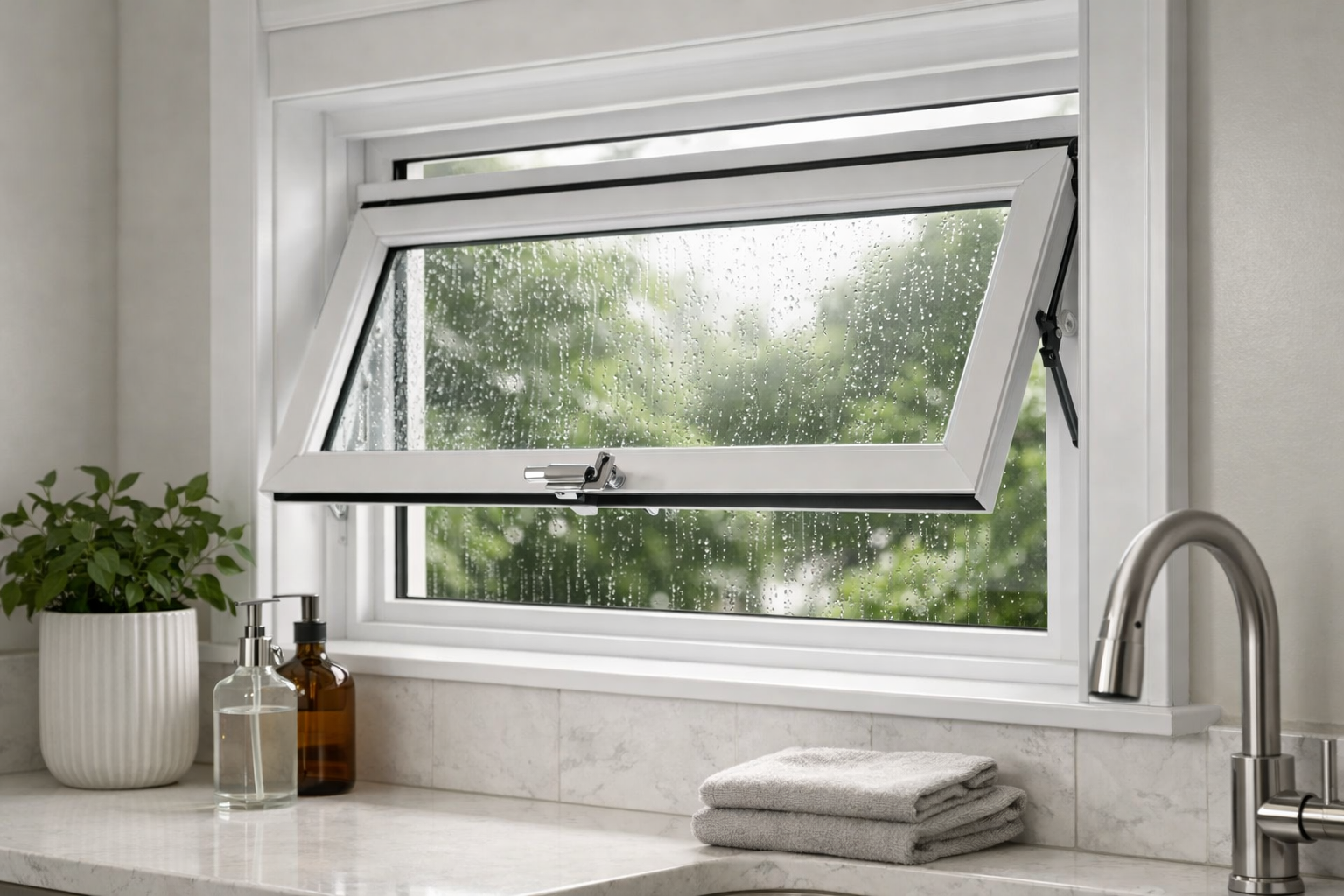 Window Replacement Aubrey TX 3 Bright bathroom or kitchen with an awning window partially open for ventilation with soft daylight and light rain outside