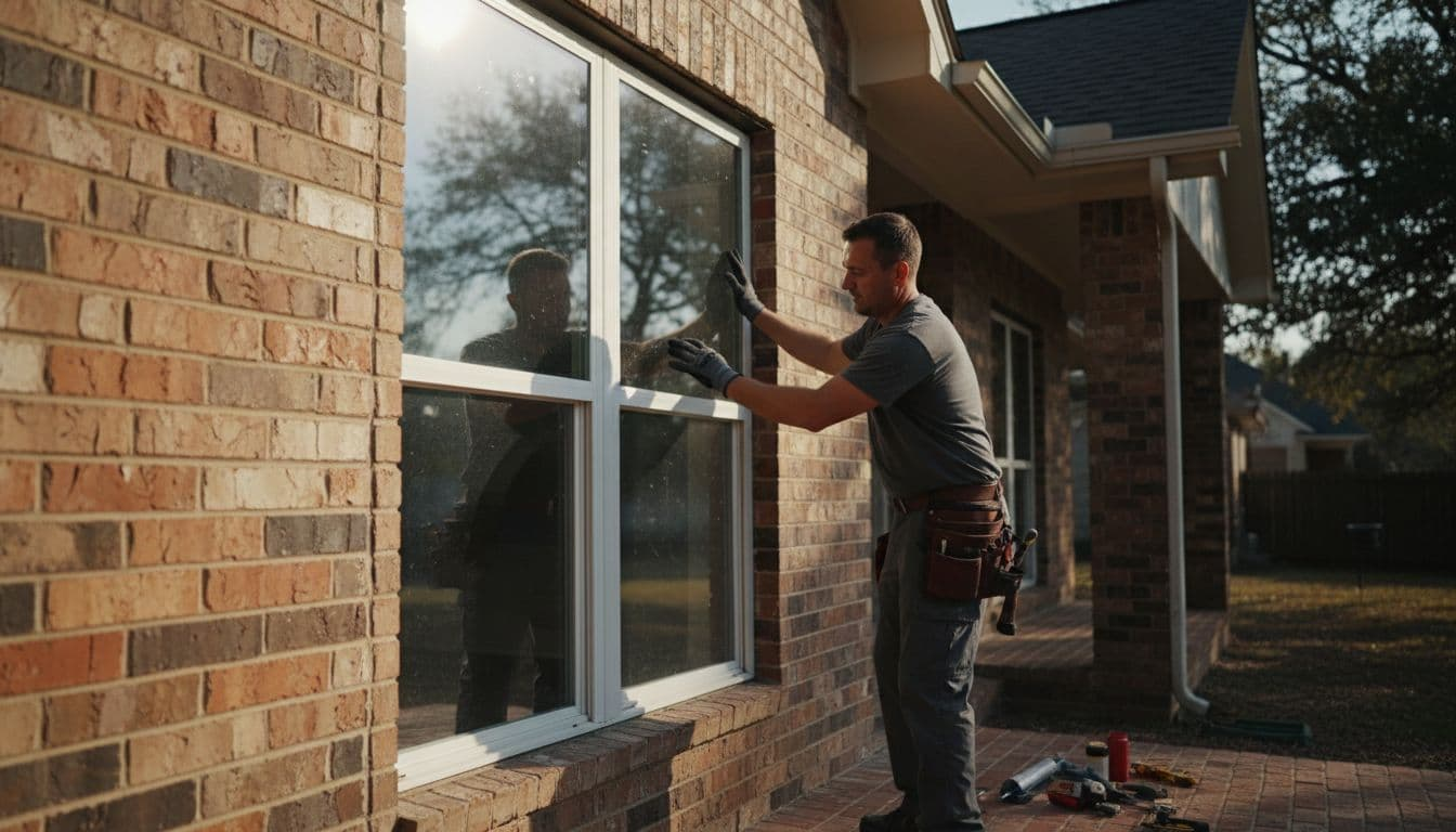 Professional installer fits double-hung vinyl window into brick house frame, tools nearby, sunlight on glass.