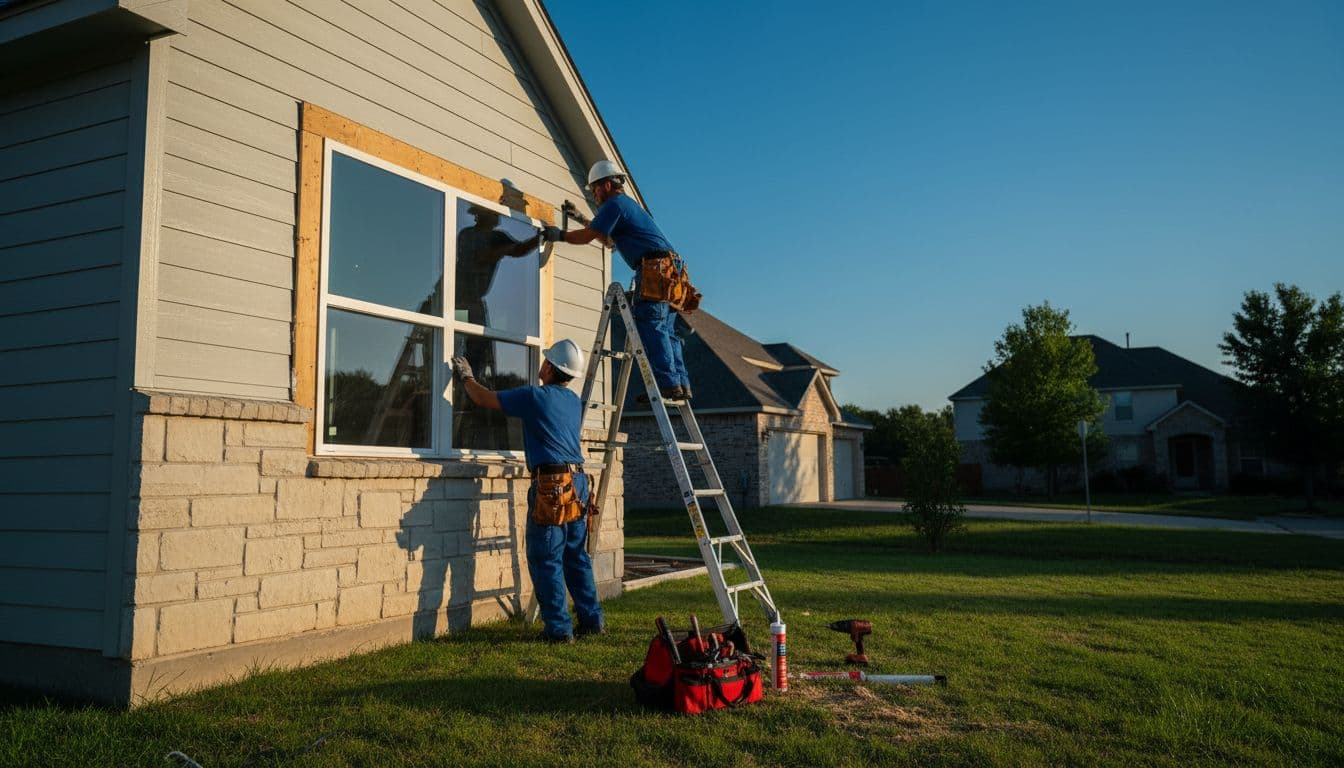 Two uniformed installers fit double-pane vinyl windows into a modern suburban home frame on sunny grass.