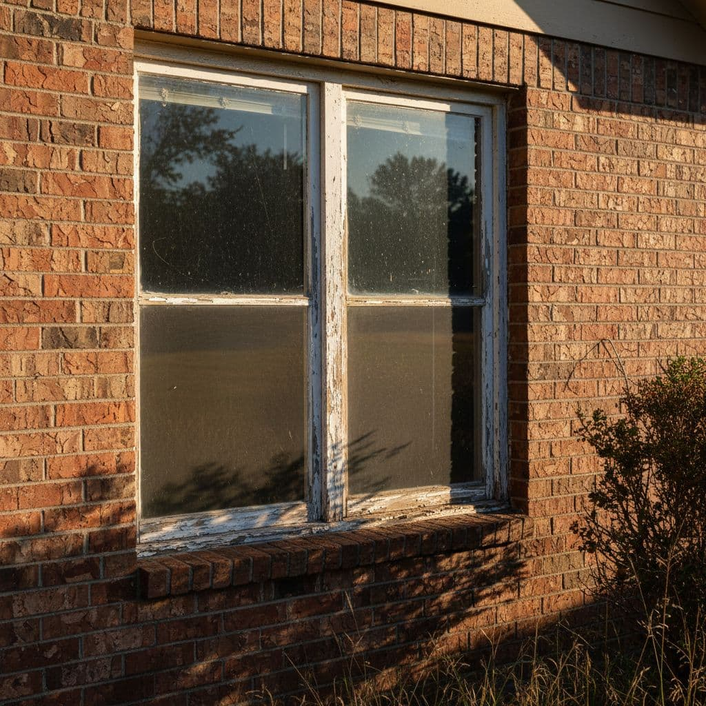 A weathered suburban window shows visible heat haze distortion against a sun-drenched brick exterior.