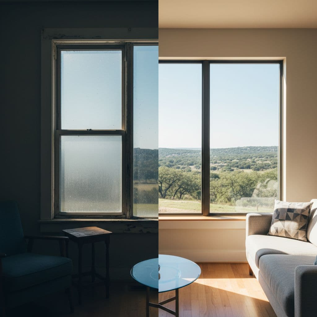 Split-screen living room view: left side dim old window with condensation, right side bright modern window with sunny landscape.