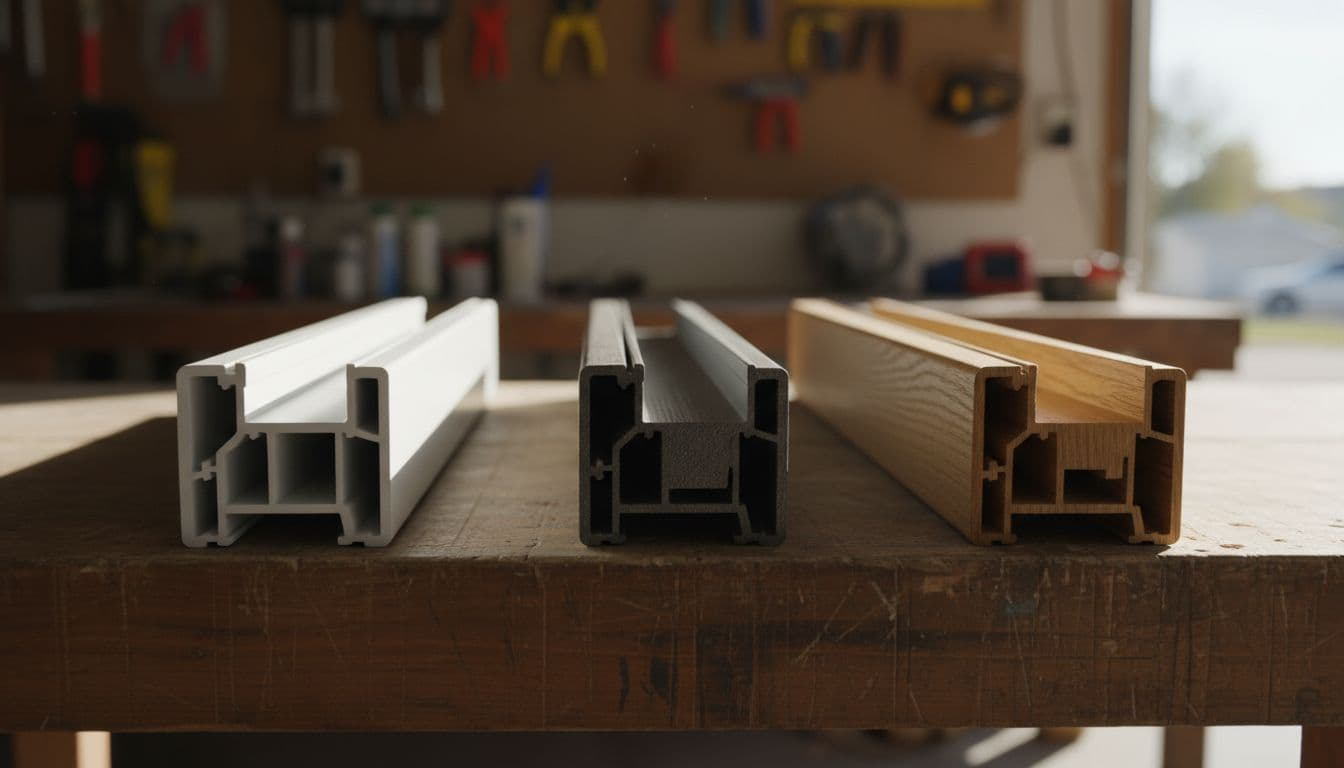 White vinyl, gray fiberglass, and oak wood window frames displayed side by side on a sunny garage workshop table.
