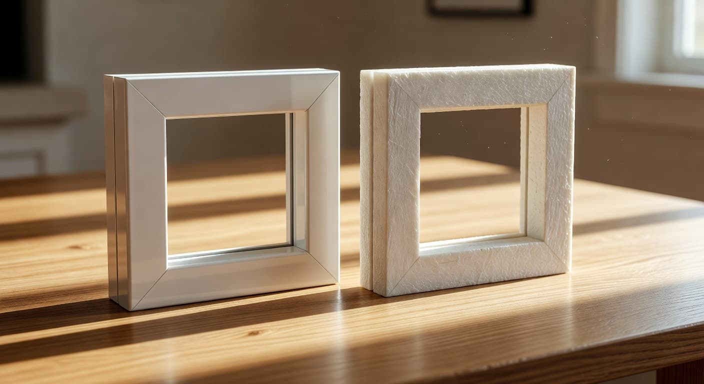 A sleek white vinyl window frame sits beside a textured dark fiberglass frame on a light wooden table. The bright, natural sunlight highlights the distinct surface finishes of both material options.