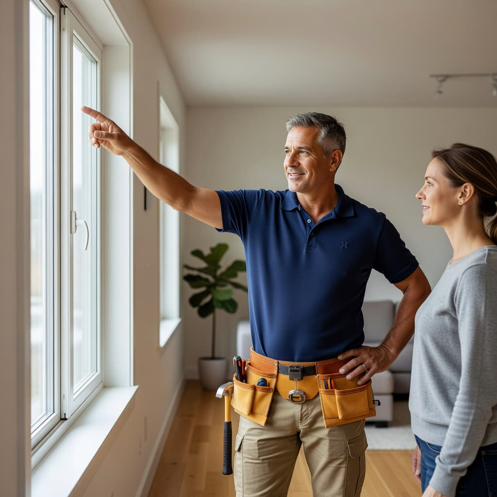 A Window Replacement Contractor wearing work gear points to a living room window while explaining details to a homeowner. Soft natural light illuminates their professional interaction within the bright, modern residential interior.