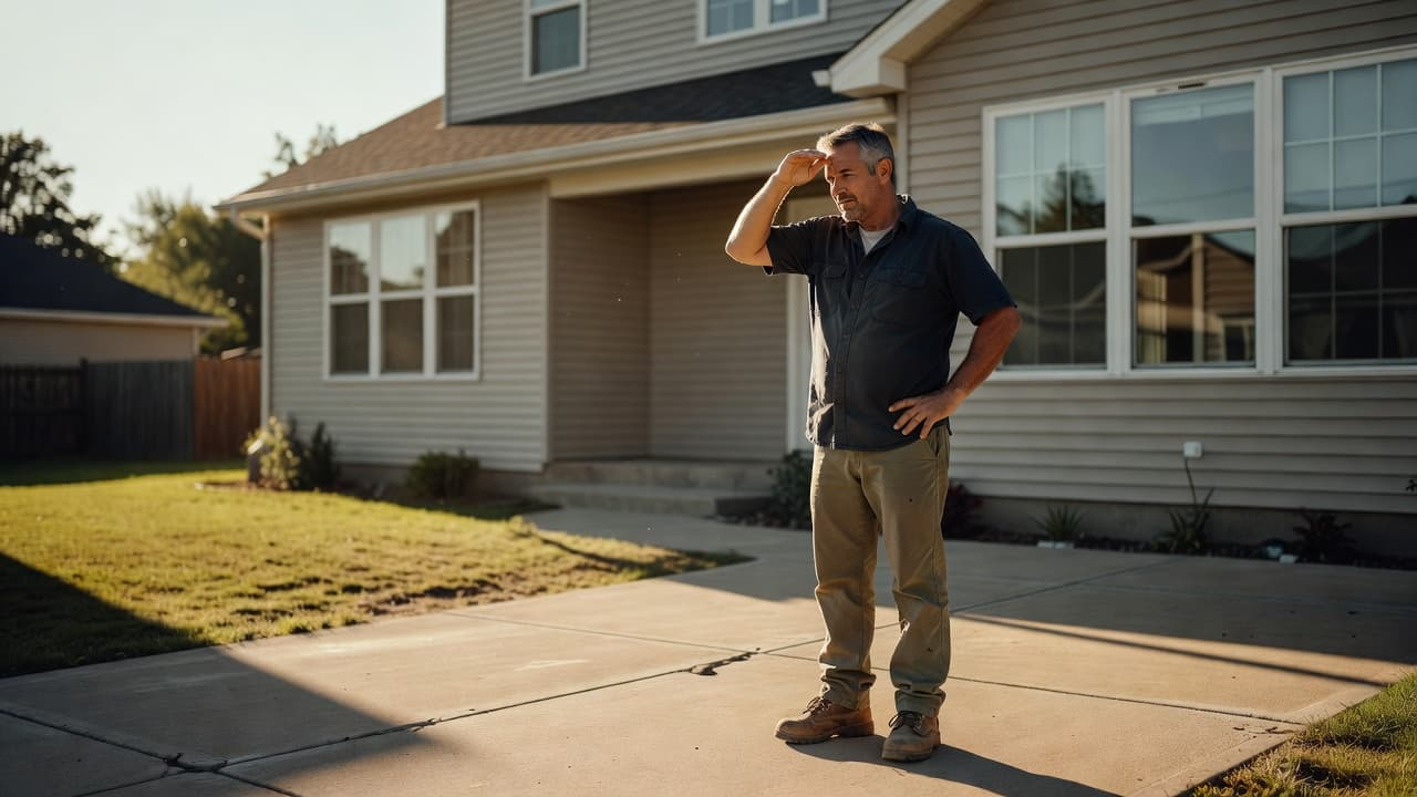 How Many Window Replacement Quotes Are Enough? 1 A professional man wearing a dark work shirt stands outside a suburban house while carefully inspecting a window frame. Soft daylight highlights his focused expression as he assesses the exterior installation.