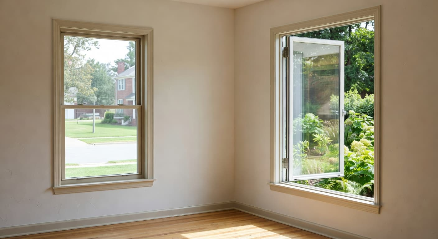 window replacement Denton TX A split composition features a traditional double hung window on the left beside a modern side-hinged casement window on the right. Both frame a view of soft, natural daylight entering the room.