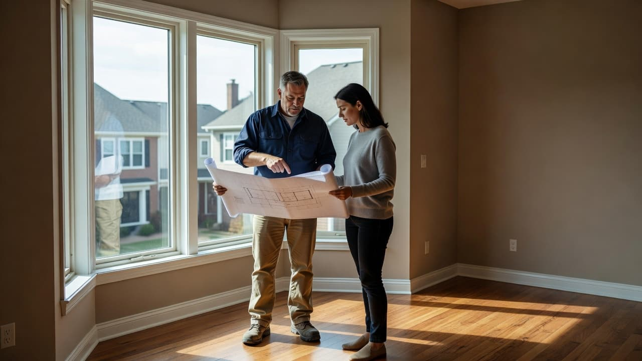 Questions to Ask Window Contractor, A contractor in professional attire points toward high-quality window frames while speaking to a homeowner in a sunlit living room. They stand together reviewing structural details in the bright, modern space.