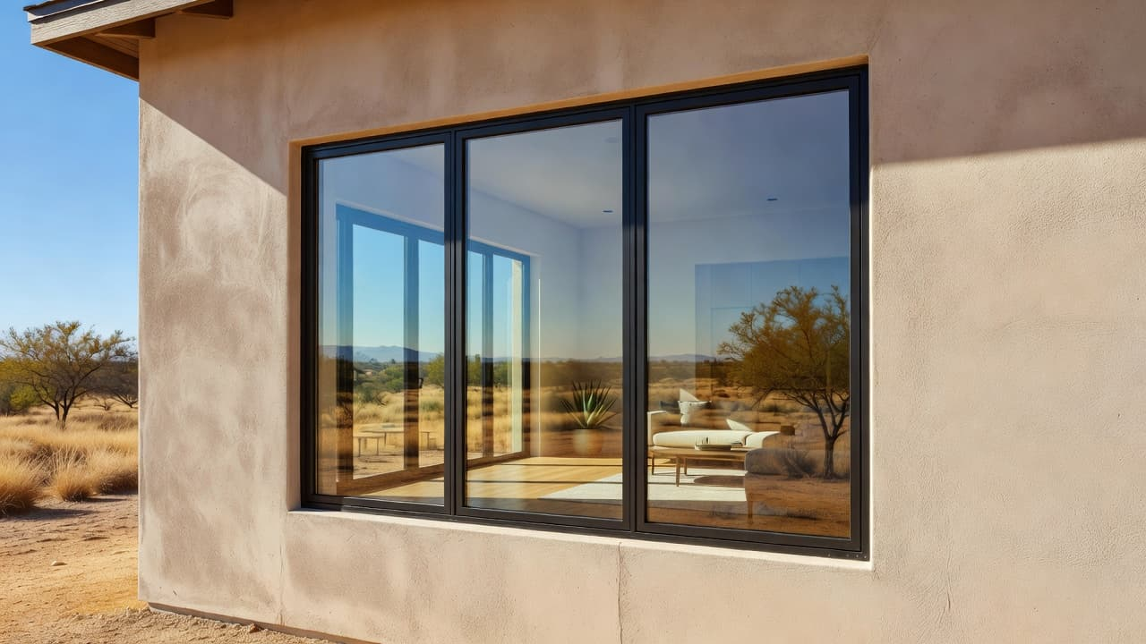 A sleek, energy-efficient window frame set into a neutral interior wall. Strong sunlight streams through the glass, casting dramatic shadows across the floorboards to demonstrate effective light control and heat resistance.