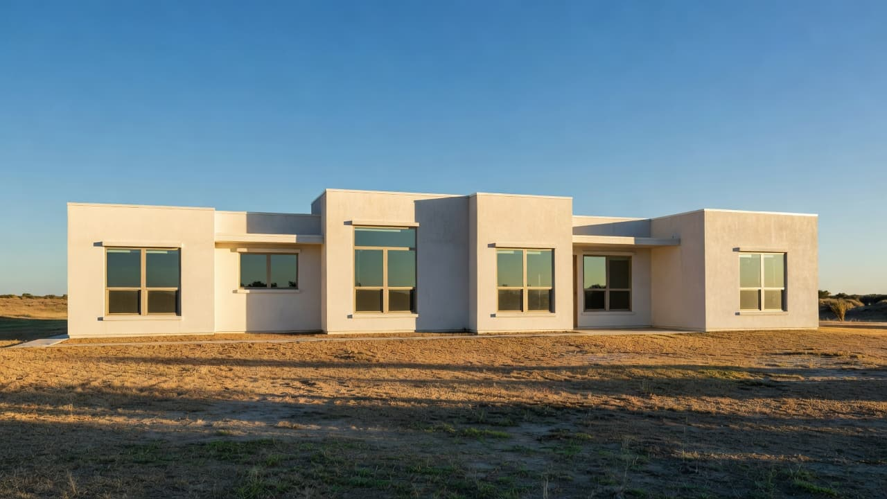 Best Windows Denton TX, A contemporary single-story suburban residence bathed in golden afternoon sunlight features expansive energy-efficient windows. The clear blue sky provides a high-contrast backdrop for this climate-appropriate home design.