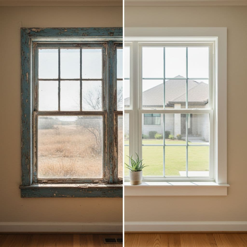 A split composition displays a weathered wooden window frame alongside a pristine white vinyl replacement. The contrast highlights the visual and structural evolution of residential window technology in a home.