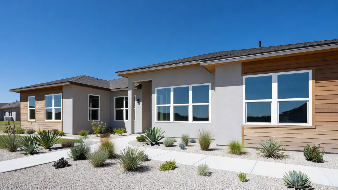 Double and Single-Hung Windows in Denton TX 2 A contemporary single-family home in Texas features crisp white window frames against a warm facade. The clear blue sky provides sharp contrast, highlighting the professional installation and clean architectural lines.
