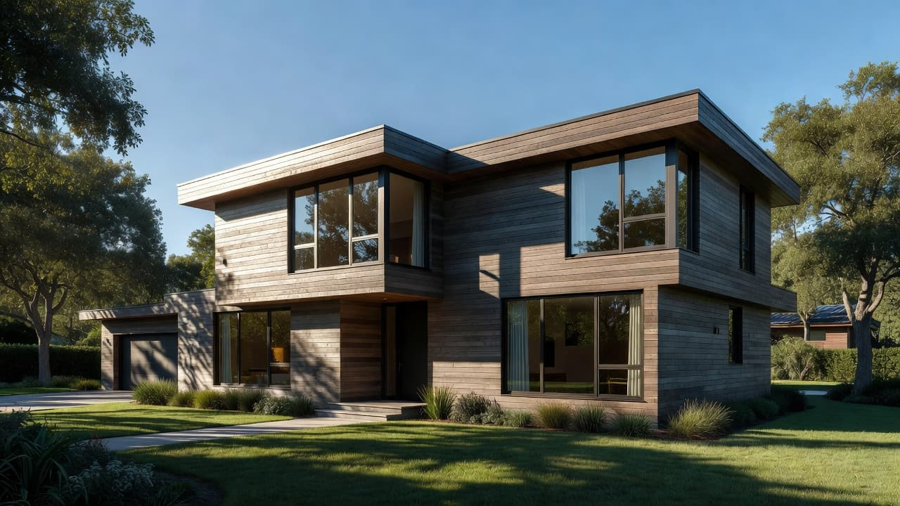 A modern home exterior with dark siding and large windows under bright sun.