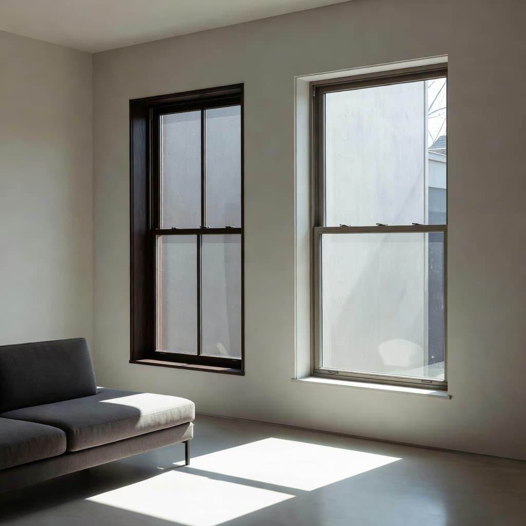 Double and Single-Hung Windows in Denton TX 1 A pair of pristine double-hung windows are set into a neutral interior wall. Warm afternoon sunlight streams through the glass, casting sharp, defined shadows across the clean, minimalist hardwood floor below.