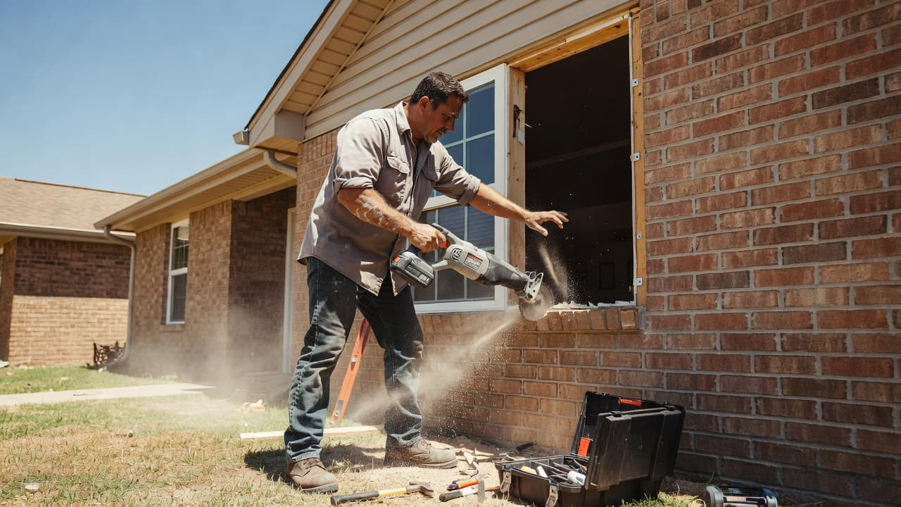 How Long Does It Take to Replace One Window? 1 A skilled contractor in work gear carefully secures a new vinyl frame into a residential brick wall exterior. Sunlight highlights the metal hand tools and caulking used during the replacement.