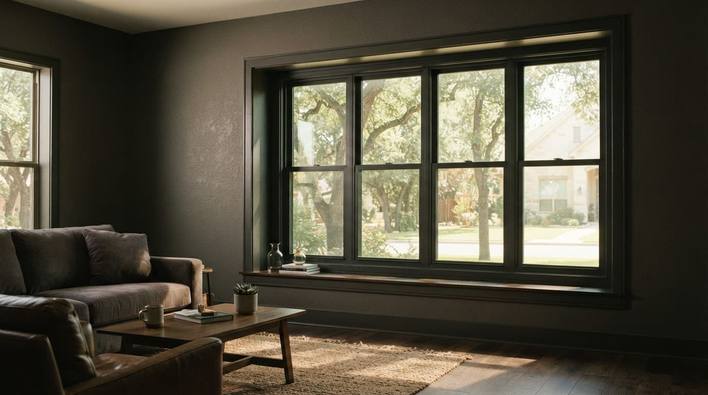 Modern double-pane window beside seating in a sunny living room.