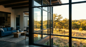 A large window divides a sunny room from a cool shaded interior.