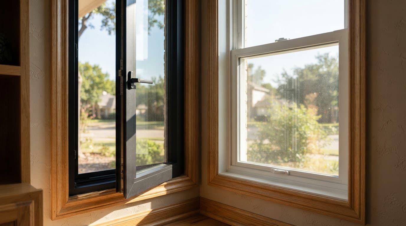 Dark fiberglass and white vinyl window frames beside warm wood trim in a sunlit room.