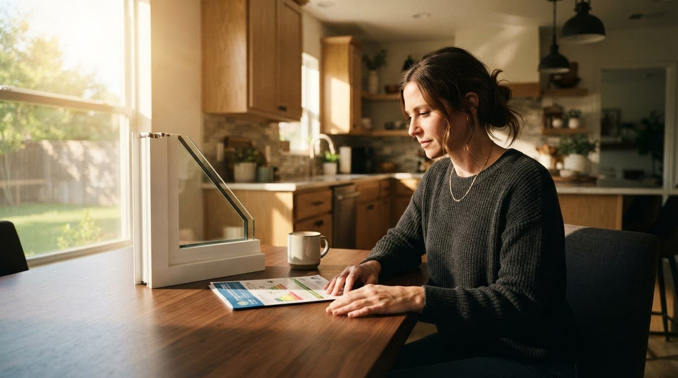 A homeowner reviews a window sample and paperwork at a sunny kitchen table.