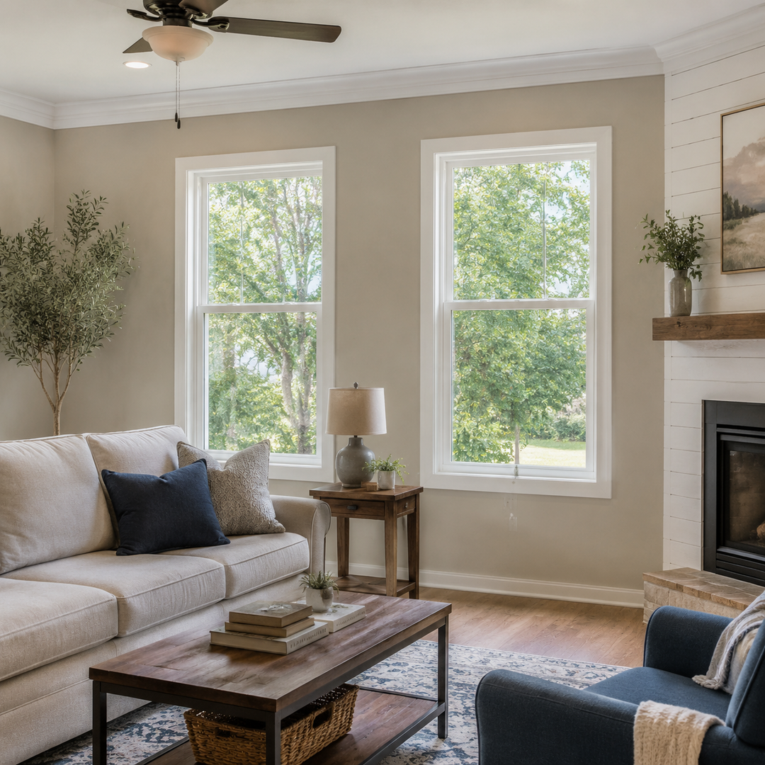 Vinyl Windows Corinth TX 2 White vinyl windows in a Corinth Texas living room