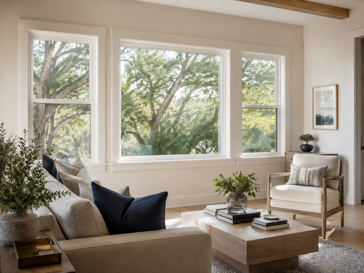 Bright North Texas living room with white energy-efficient replacement windows